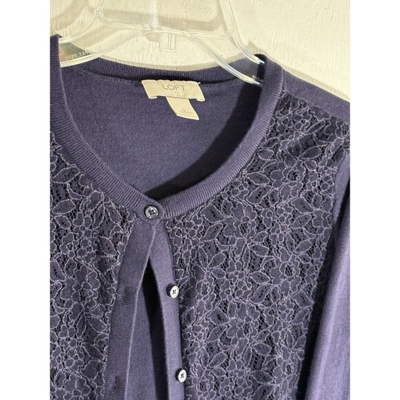 Loft Women’s Small Button Up Floral Lace Front Black 3/4 Sleeve Cardigan - Picture 3 of 8